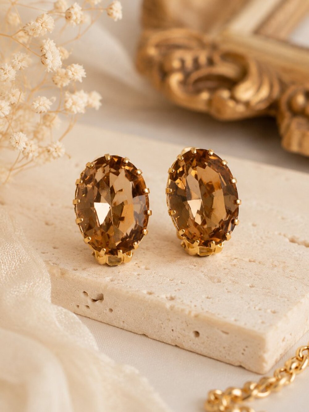 Signed Austria Topaz Crystal Clip On Earrings Gold Tone Vintage Oval